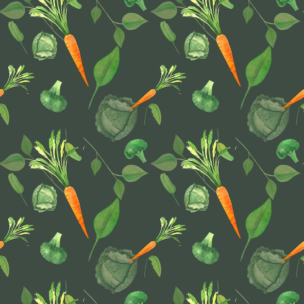 Akwarela wzór z warzywami żniwa ornament ręcznie rysowane drukuj marchew buraki kapusta zieleń