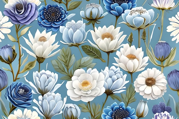 Akwarela zakurzone niebieskie i białe kwiaty malarstwo sztuka tło i wzór tekstury tapety
