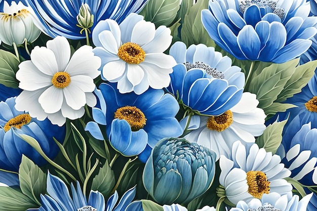 Akwarela zakurzone niebieskie i białe kwiaty malarstwo sztuka tło i wzór tekstury tapety