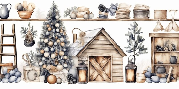 Akwarela zestaw świąteczny z zimowymi domami Ręcznie malowane drewniane domki z płotem i ośnieżonymi jodłami