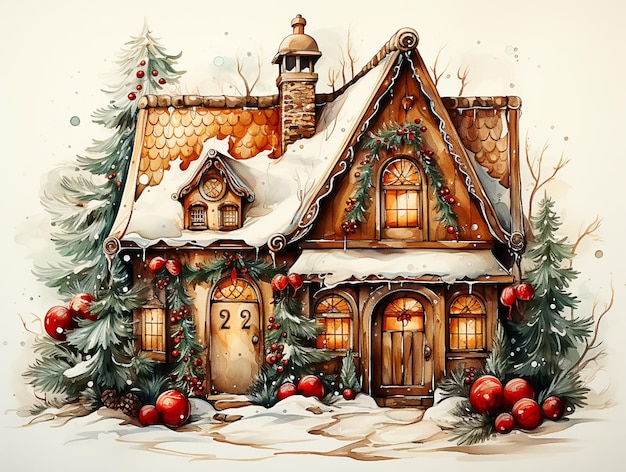 Zdjęcie akwarela zestaw świąteczny z zimowymi domami ręcznie malowane drewniane domki z płotem i ośnieżonymi jodłami