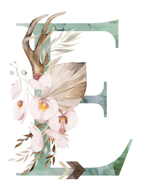 Zdjęcie akwarela zielona litera z z poroża suszonymi liśćmi i tropikalnymi kwiatami bukiet ilustracja boho