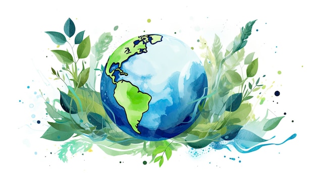 Zdjęcie akwarela ziemia z zielonymi liśćmi obchodząca światowy dzień ziemi i światowy dzień środowiska