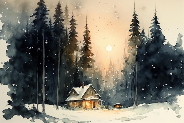 Akwarela zimowy krajobraz malarstwo Las w gwiaździstą noc