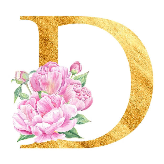 Akwarela złoty alfabet piwonia róża botaniczny kwiat litera D Zaproszenia ślubne baby shower urodziny