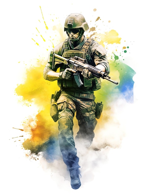 Akwarela żołnierza z jego bronią i barwami Brazylii za kreatywną sztuczną inteligencją
