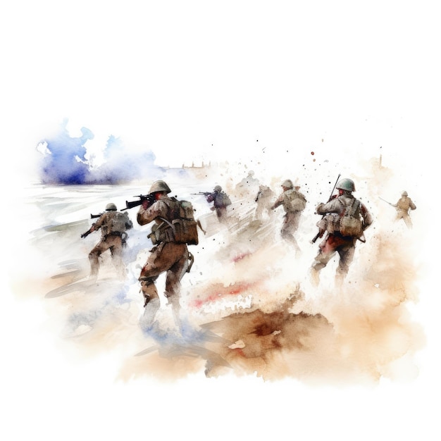 akwarela żołnierzy szturmujących plaże Normandii