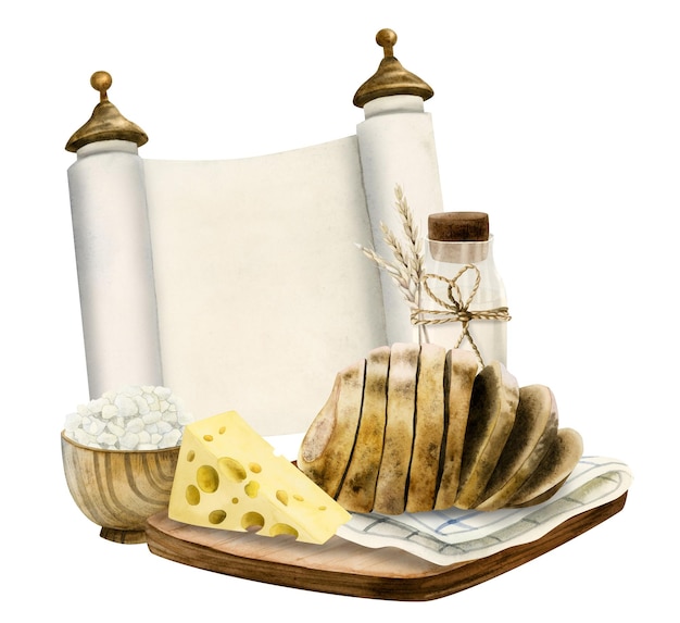 Akwarela żydowski Szawuot szablon karty z pozdrowieniami z tradycyjnymi symbolami jedzenie ser chleb pszenica