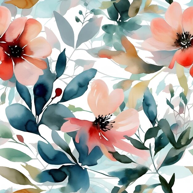 Akwarele bez szwu deseń z letnich kwiatów Tło ilustracji kwiatu Wygenerowane AI