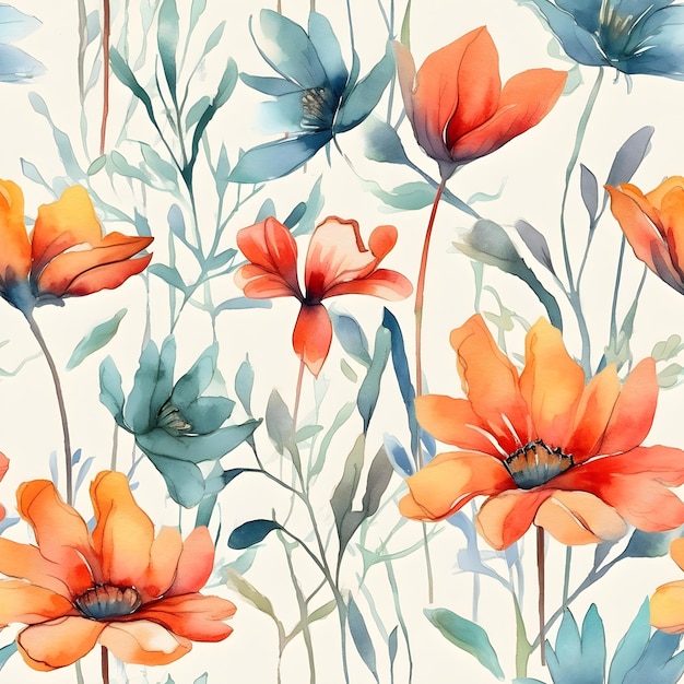 Akwarele bez szwu deseń z letnich kwiatów Tło ilustracji kwiatu Wygenerowane AI