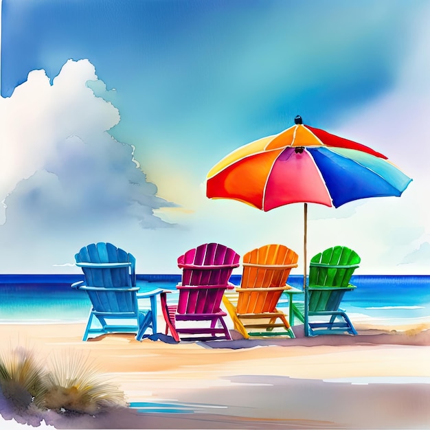 Akwarele Krzesła plażowe i parasol