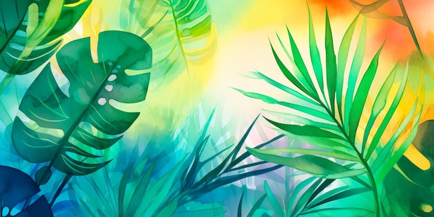Akwarele zaproszenia na imprezę o tematyce tropikalnej z liśćmi palmowymi i żywymi kolorami Generative AI