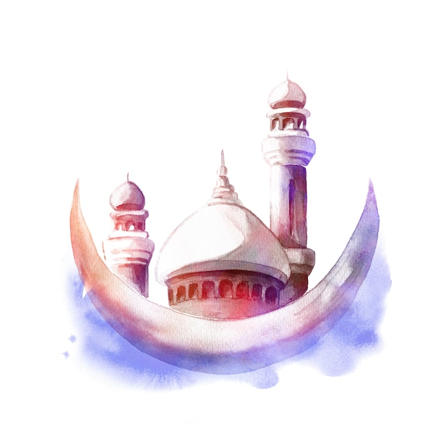 Zdjęcie akwareli ilustracja meczet z minaretami i księżyc. creeting karty lub plakatu na święto islamu.