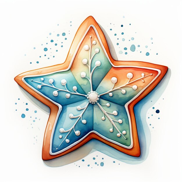 Zdjęcie akwareliczna ilustracja gwiazdy z piernika na białym tle