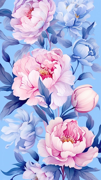 Zdjęcie akwareliczne kwiaty peonii na niebieskim tle pionowe tapety