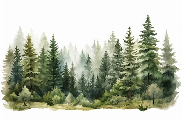 Akwarelowa ilustracja świerków i sosnów w lesie