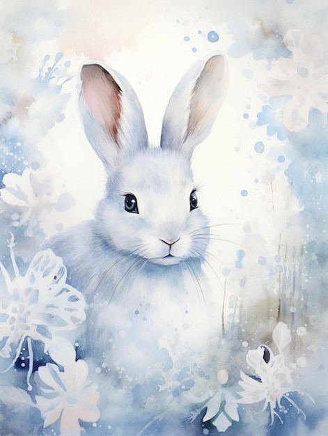 Akwarelowa ilustracja uroczego białego królika na kwiatowym tle