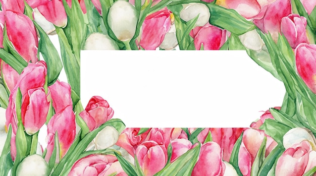 akwarelowa karta zdjęciowa różowe i białe tulipany