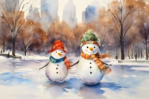 Akwarelowa pocztówka z szczęśliwą parą śnieżaków łyżwiących się w śnieżnym parku w Nowym Jorku