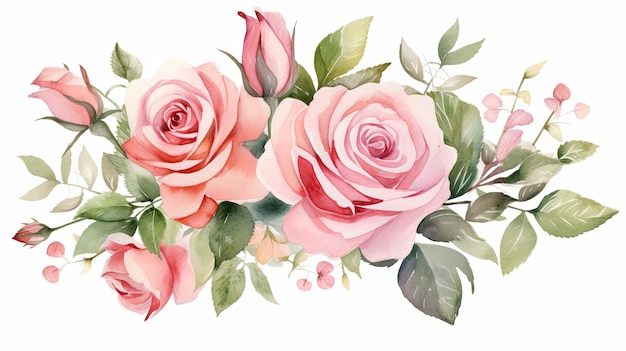 Akwarelowe bukiety kwiatów z ilustracją klipartu i gałązką kwiatową róży z zielonymi liśćmi na wizytówkę lub zaproszenie ślubne na białym tle