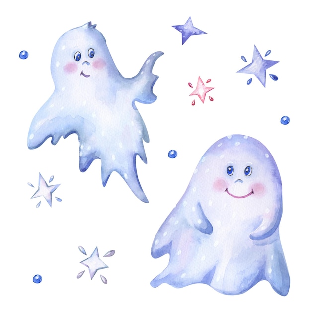 Akwarelowe duchy i gwiazdy Zestaw Halloween izolowany na białym tle