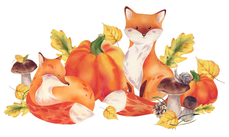 Zdjęcie akwarelowe lisy śpiące w pobliżu dyni żółte dęby i liście aspen grzyby i jesień flora ilustracja jest ręcznie namalowana wzór z uroczymi młodymi zwierzętami na białym tle