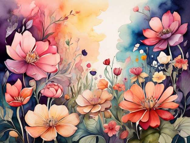 Akwarelowe tło kwiatowe Ręcznie narysowana ilustracja akwarelowa z kwiatami