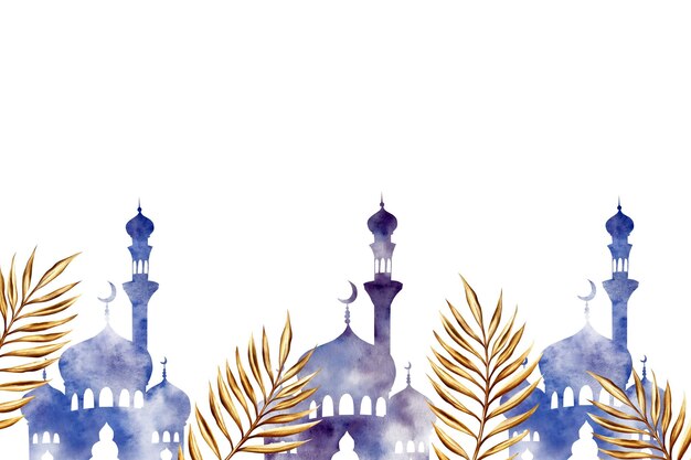Akwarelowy baner z islamskimi arabskimi ilustracjami, złota sylwetka palmy datelowej z meczetu islamskiego