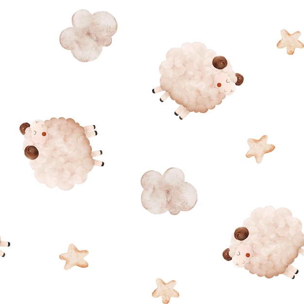 Akwarelowy bezszwowy wzór z owcą chmurami gwiazdami Ręcznie narysowana ilustracja do owinięcia tkaniny na białym tle Liczenie owiec na bezsenność