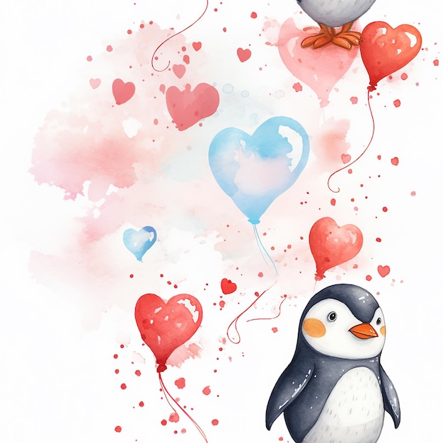 Akwarelowy bezszwowy wzór z pingwinem i sercami