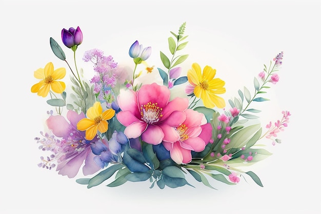 Zdjęcie akwarelowy bukiet delikatnych i promiennych wiosennych i letnich kwiatów na białym tle generative ai