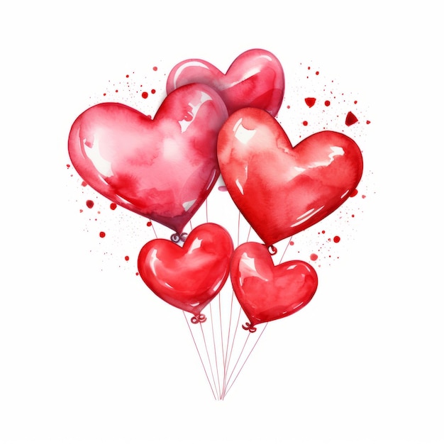 Akwarelowy czerwony balon z sercem Clipart z balonami w kształcie serca