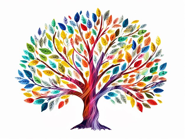 Akwarelowy klipart dekoracyjnego drzewa z kolorowymi liśćmi