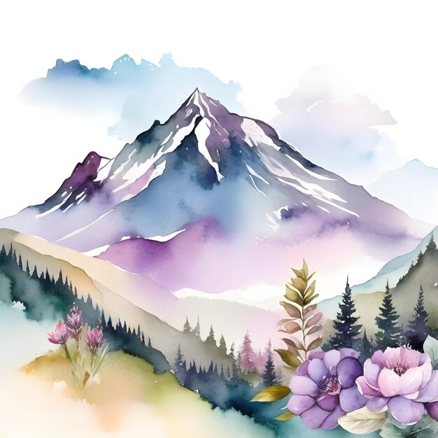 Zdjęcie akwarelowy krajobraz górski z kwiatami ręcznie namalowana ilustracja dla twojego projektu