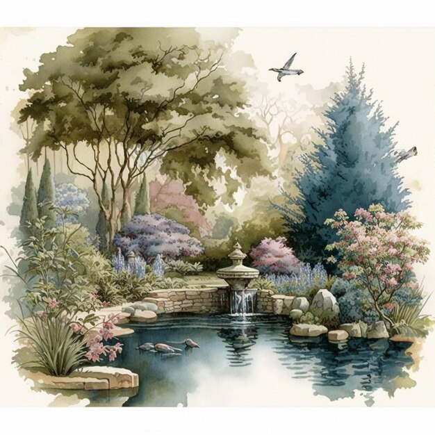 Zdjęcie akwarelowy krajobraz spokojnego ogrodu z delikatnymi kwiatami i roślinami otaczającymi