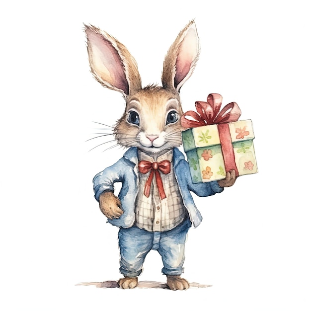 Akwarelowy królik z pudełkiem na prezent Ilustracja AI GenerativexA
