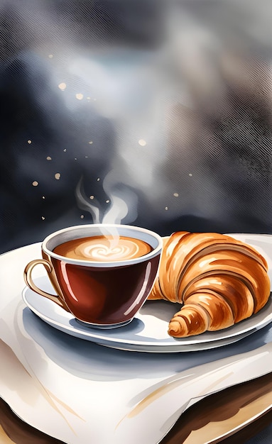 Akwarelowy kubek kawy z croissantem