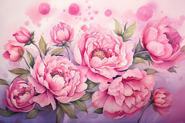 Zdjęcie akwarelowy kwiat peonii na różowym tle