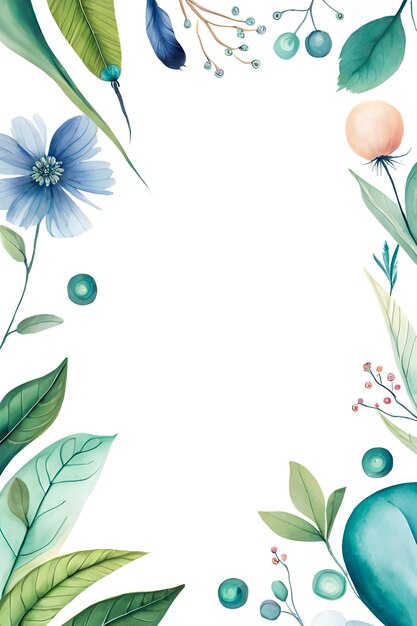 Zdjęcie akwarelowy kwiatowy kwadratowy ramka z niebieskimi piórami i białymi dzikimi różami pąki również z zielonymi gałązkami