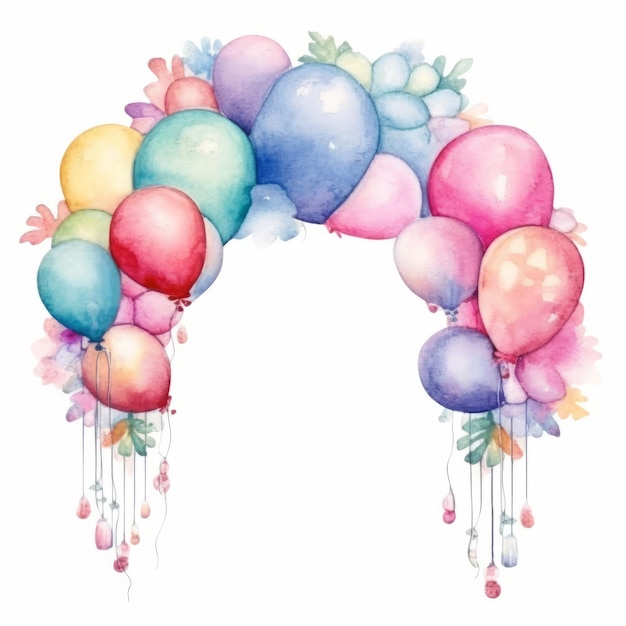 Akwarelowy łuk urodzinowy z kolorowymi balonami