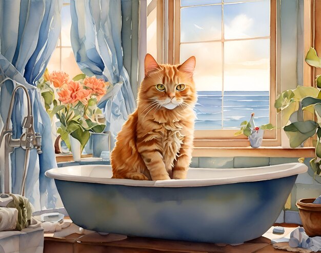 Akwarelowy obraz czerwonego kota w łazience