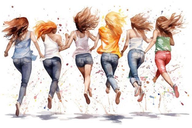 Zdjęcie akwarelowy obraz grupy dorosłych dziewcząt w szczęśliwym i podekscytowanym stylu projektowania strony internetowej