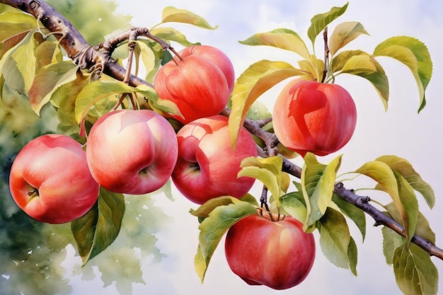 Zdjęcie akwarelowy obraz kolorowego obrazu jabłek zebranych na gałęzi