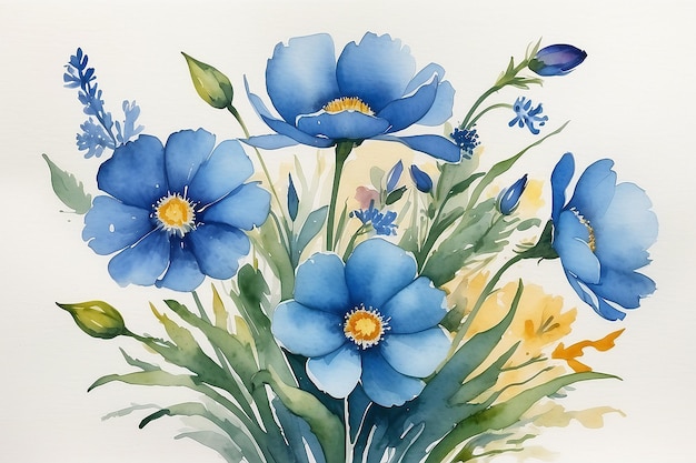Akwarelowy obraz kwiatów z niebieskim pierścieniem