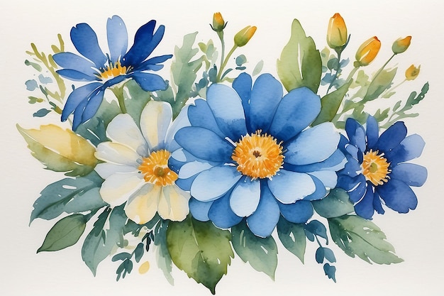 Akwarelowy obraz kwiatów z niebieskim pierścieniem