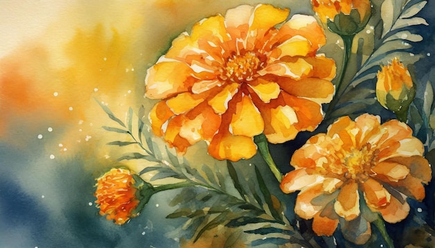 Akwarelowy obraz kwiatu marigold Botaniczna ręcznie narysowana sztuka Piękna kompozycja kwiatowa