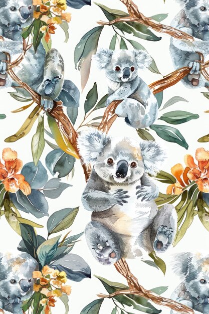 Zdjęcie akwarelowy obraz niedźwiedzia koali z kwiatowym tłem doskonały dla miłośników przyrody