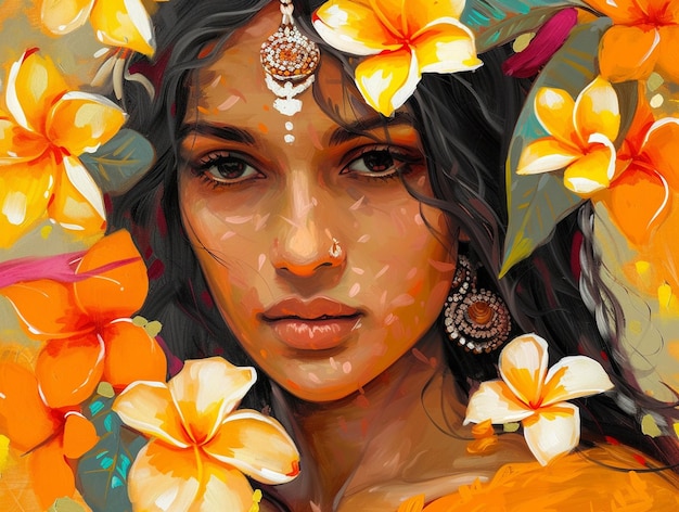 akwarelowy obraz pięknej indyjskiej kobiety z kwiatami