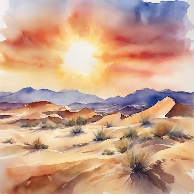 Zdjęcie akwarelowy obraz pustynnego krajobrazu z wydmami piaszczystymi, górami i płonącym słońcem.