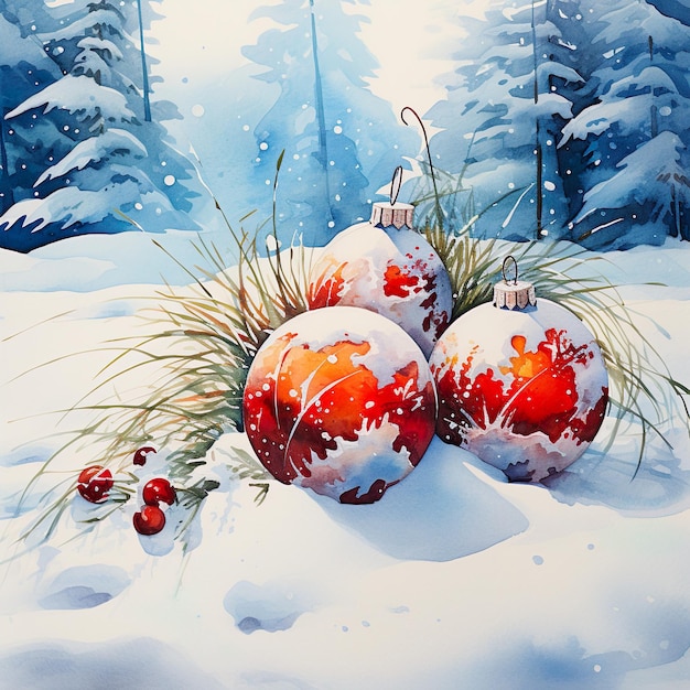Akwarelowy obraz świątecznych ozdób na śniegu